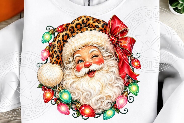 Leopard Santa Christmas Red Bow & Colorful Lights Holiday PN example image 1