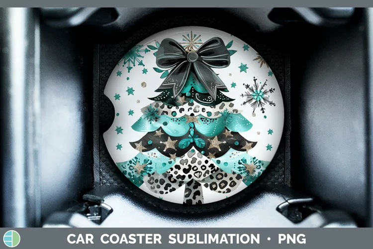 Leopard Teal Christmas Tree Car Coaster Sublimation Coaster