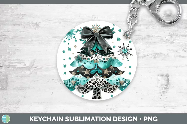 Leopard Teal Christmas Tree Keychain Sublimation Keyring Des