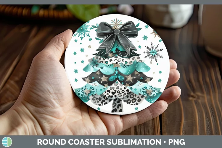 Leopard Teal Christmas Tree Round Coaster Sublimation Coaste