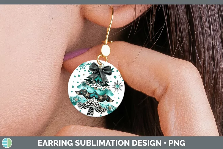 Leopard Teal Christmas Tree Round Earrings Sublimation Earri