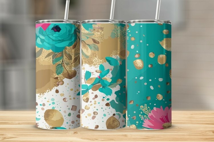 Teal Pink Gold Splatter Flowers Tumbler Sublimation Wrap example image 1