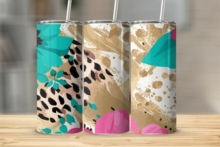 Teal Pink Gold Splatter Flowers Tumbler Sublimation Wrap example image 1