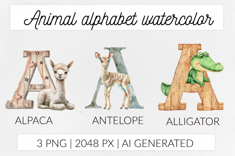 Animal Alphabet Sublimation PNG. Watercolor ABC. Letter A
