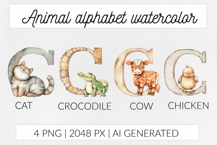 Animal Alphabet Sublimation PNG. Watercolor ABC. Letter C