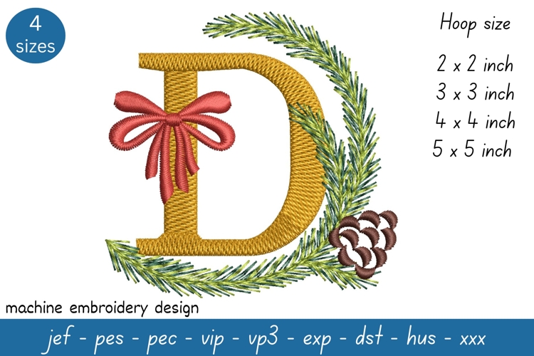Letter D Embroidery Design - Christmas Pattern