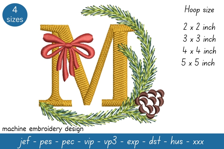 Letter M Embroidery Design - Christmas Pattern