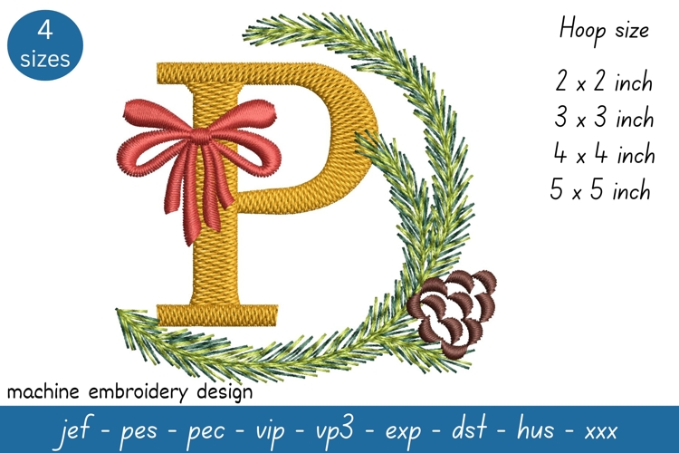 Letter P Embroidery Design - Christmas Pattern