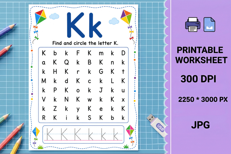 K alphabet find Letter recognition printable worksheet example image 1