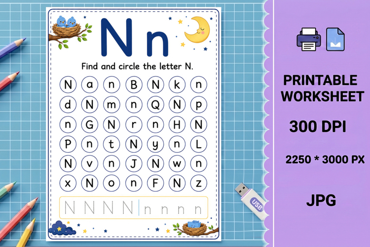 N find circle Letter recognition printable worksheet example image 1