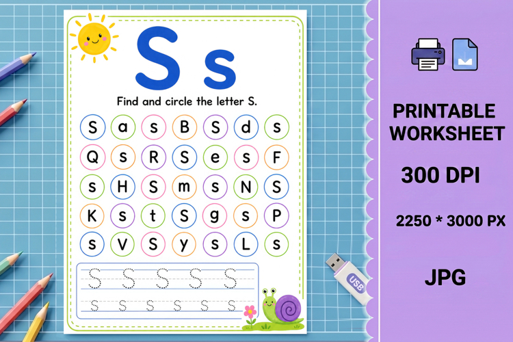 S tracing alphabet Letter recognition printable worksheet example image 1