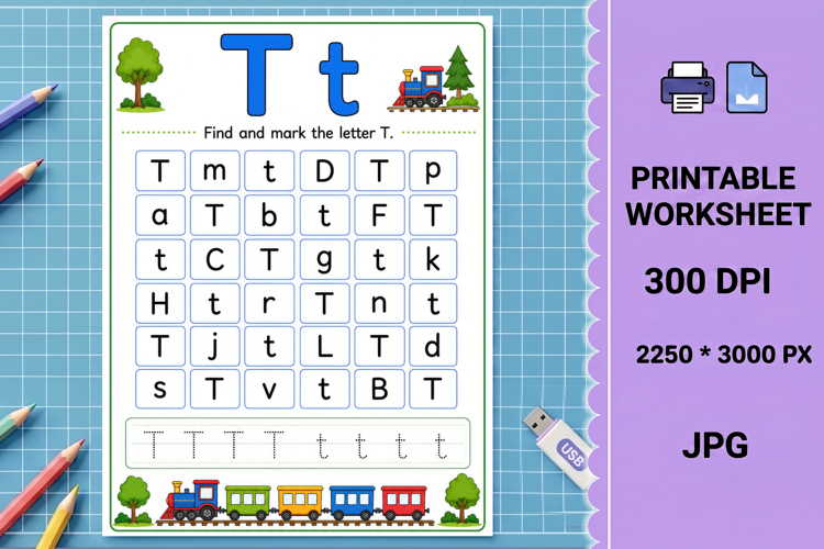 T find trace Letter recognition printable worksheet example image 1