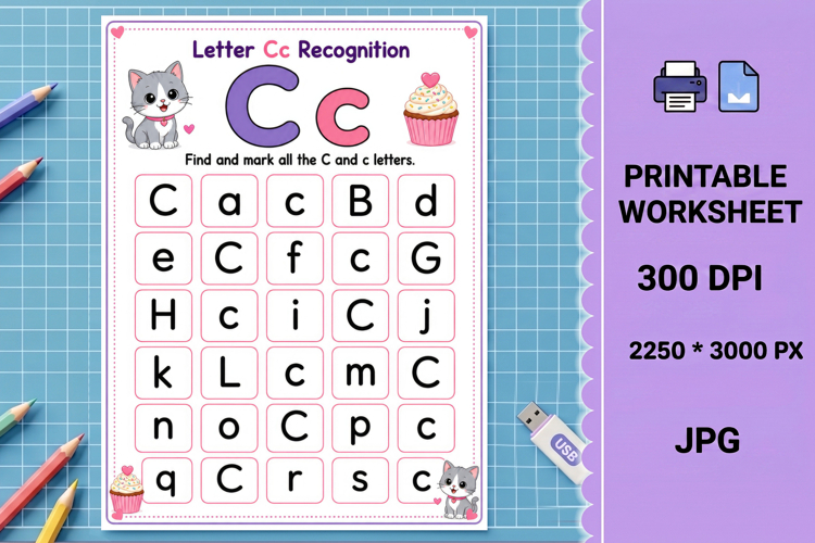 C uppercase lowercase Letter recognition printable worksheet example image 1