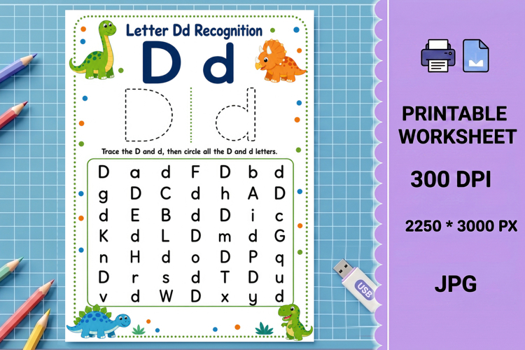 D alphabet uppercase Letter recognition printable worksheet example image 1