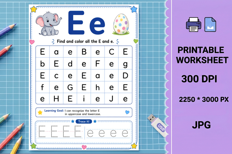 E uppercase lowercase Letter recognition printable worksheet example image 1