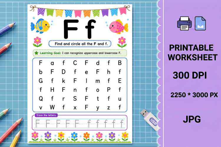 F uppercase lowercase Letter recognition printable worksheet example image 1