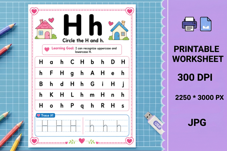 H tracing uppercase Letter recognition printable worksheet example image 1