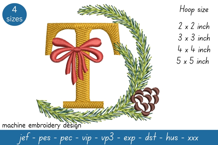 Letter T Embroidery Design - Christmas Pattern