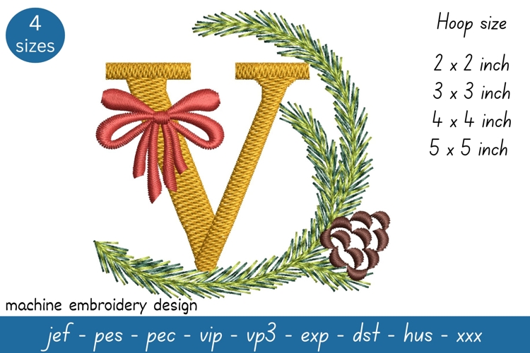 Letter V Embroidery Design - Christmas Pattern