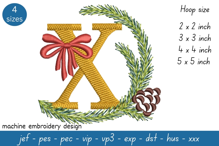 Letter X Embroidery Design - Christmas Pattern
