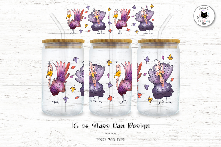 Watercolor Turkey | Thanksgiving 16 oz Glass Can Wrap PNG