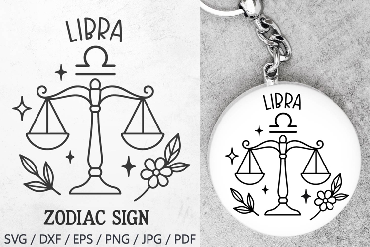 Libra Zodiac Sign SVG – cute libra illustration with floral details and stars. Perfect for astrology t-shirts, mugs, tote bags, keychains, zodiac stickers, planners, posters, invitations, horoscope crafts, and birthday gifts.