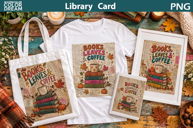 Books Leaves Coffee | Fall Book Lover Library Card
