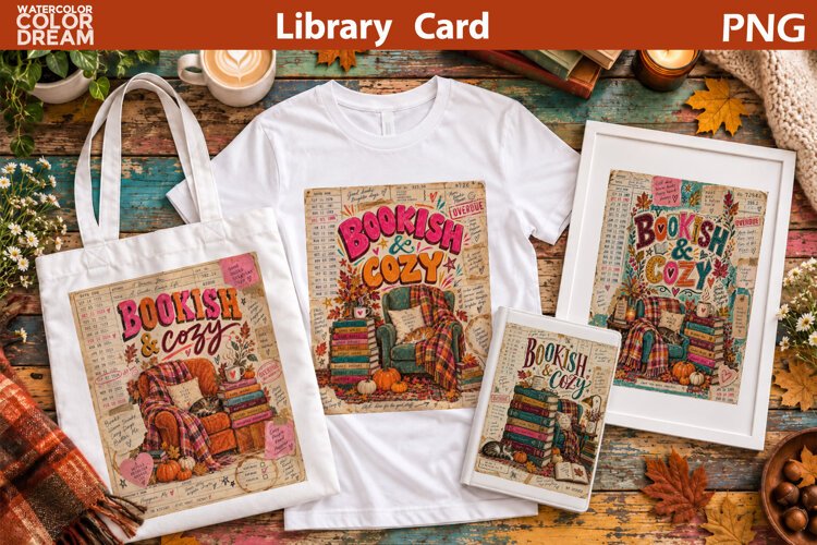 Bookish and Cozy Library Card | Vintage Fall Sublimation example image 1