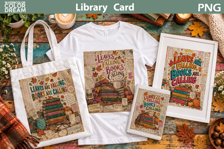 Leaves Are Falling Books Calling | Fall Library Card PNG