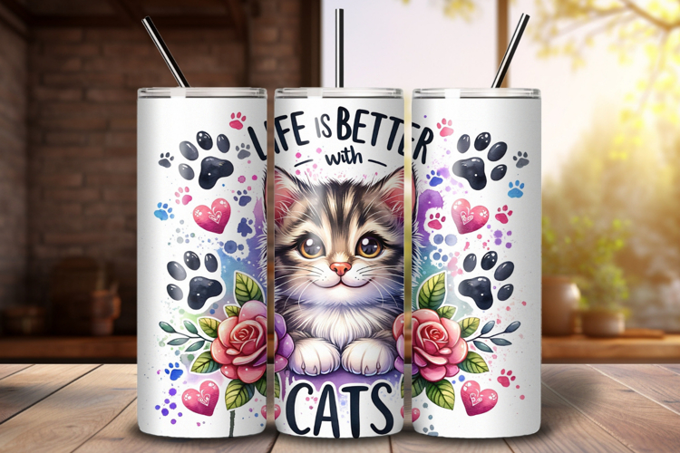 Life is Better with Cats Tumbler Wrap Sublimation PNG