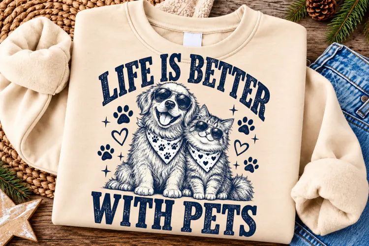 Life Is Better with Pets PNG | Golden Retriever & Cat Lover