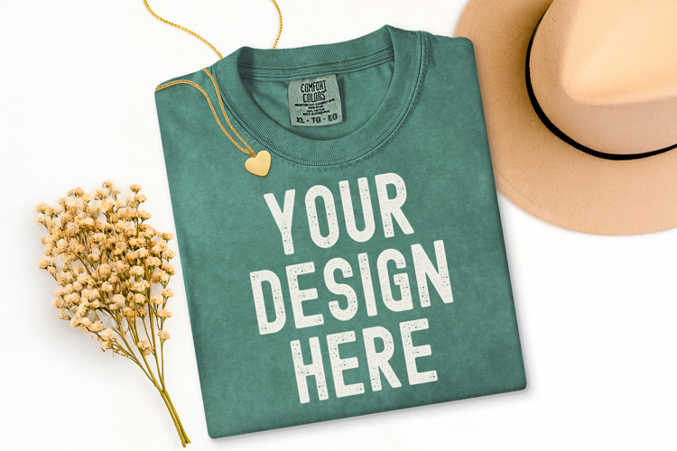 Comfort Colors C1717 Light Green Shirt Mockup, Flat Lay