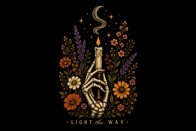 Skeleton Hand Wildflowers Light the Way Vintage PNG Design