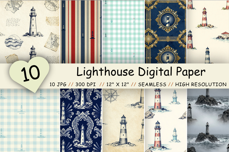 Lighthouse Digital Paper Pack, Coastal Beacon Seamless