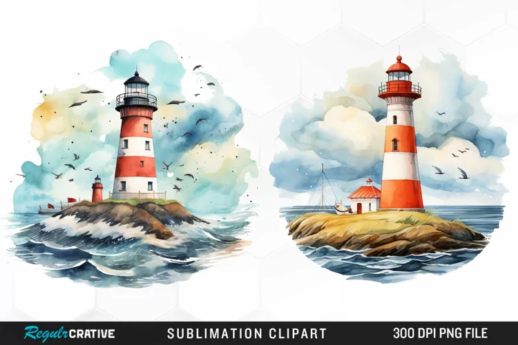 Watercolor Lighthouses Sublimation PNG Clipart