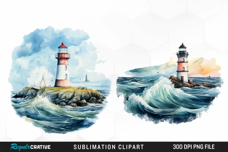 Watercolor Lighthouses Sublimation PNG Clipart
