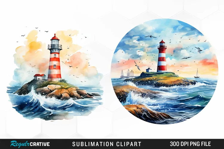Watercolor Lighthouses Sublimation PNG Clipart