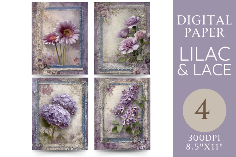 Lilac   Lace Digital Paper 4 Floral Pages