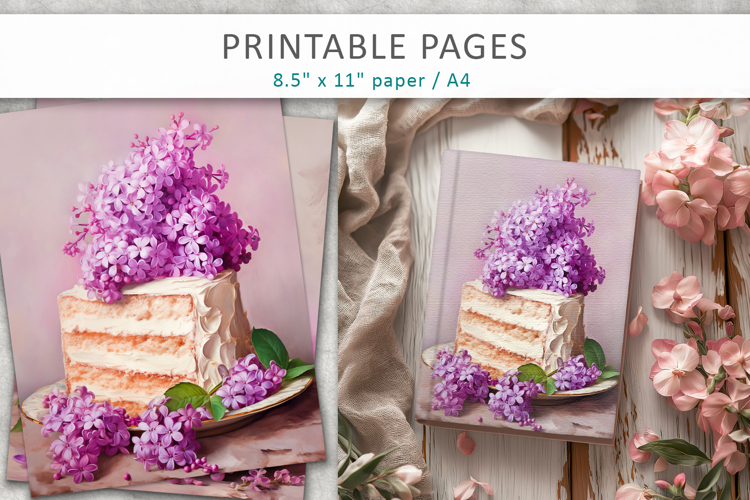 lilac flowers junk journal, cake illustration