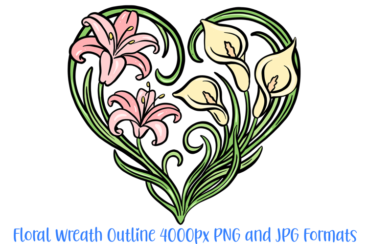 Lily Floral Flower Graphic Outline Heart Wreath Clipart PNG