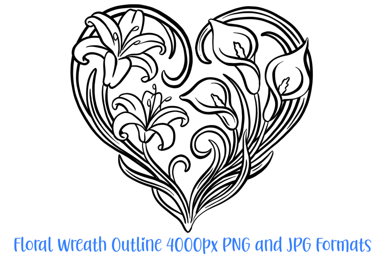 Lily Floral Flower Graphic Outline Heart Wreath Clipart PNG