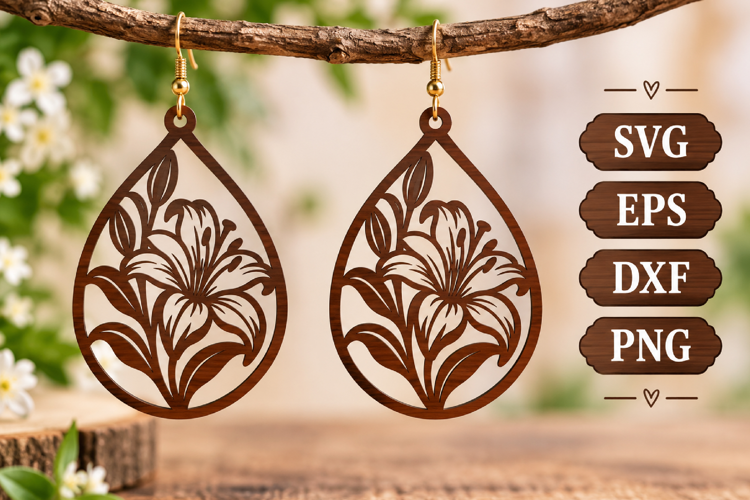 Lily Floral Earring Teardrop Wood Silhouette Laser SVG File