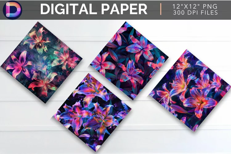 Neon Lily Flowers Digital Paper