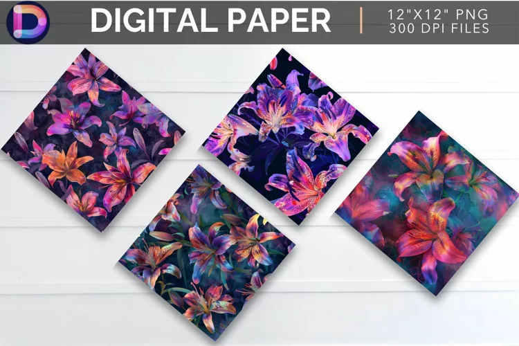 Neon Lily Flowers Digital Paper
