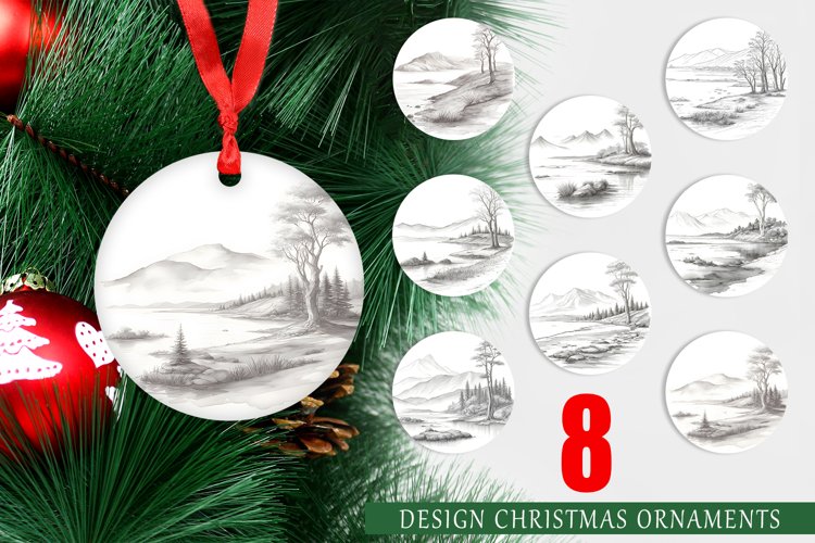 Christmas Ornaments Line Art Watercolor Landscape