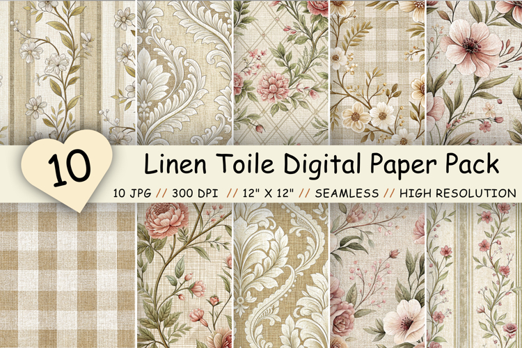 Linen Toile Digital Paper Pack, Vintage Floral Toile