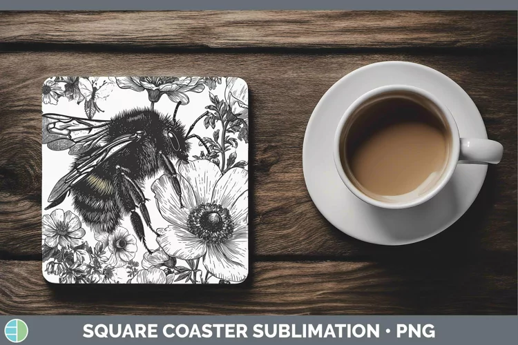 Linocut Bee Square Coaster Sublimation Coaster Designs