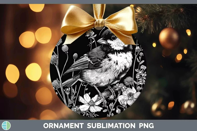 Linocut Chickadee Ornament Sublimation Bauble Designs