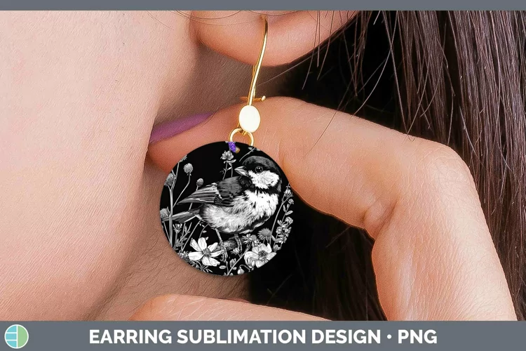 Linocut Chickadee Round Earrings Sublimation Earrings Design