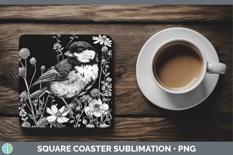 Linocut Chickadee Square Coaster Sublimation Coaster Designs